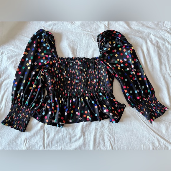 Ruched black and multi-color polka dot top - Picture 2 of 8